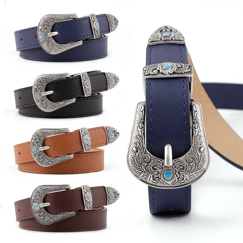 Elegant Women's Leather Belt with Metal Carving