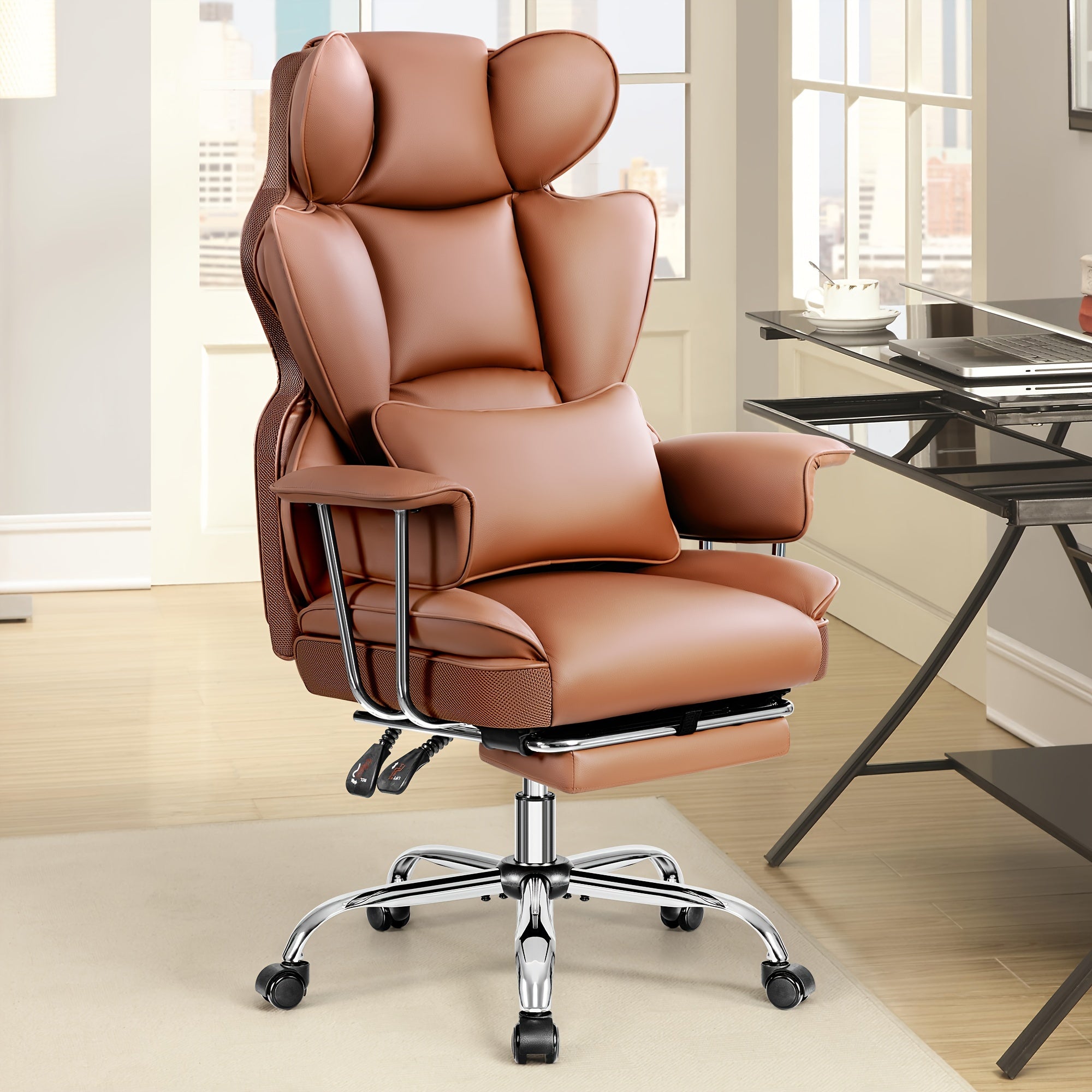 Premium Ergonomic Executive Leather Office Chair for Larger Individuals – High Back with Enhanced Lumbar Support and Built‑In Footrest