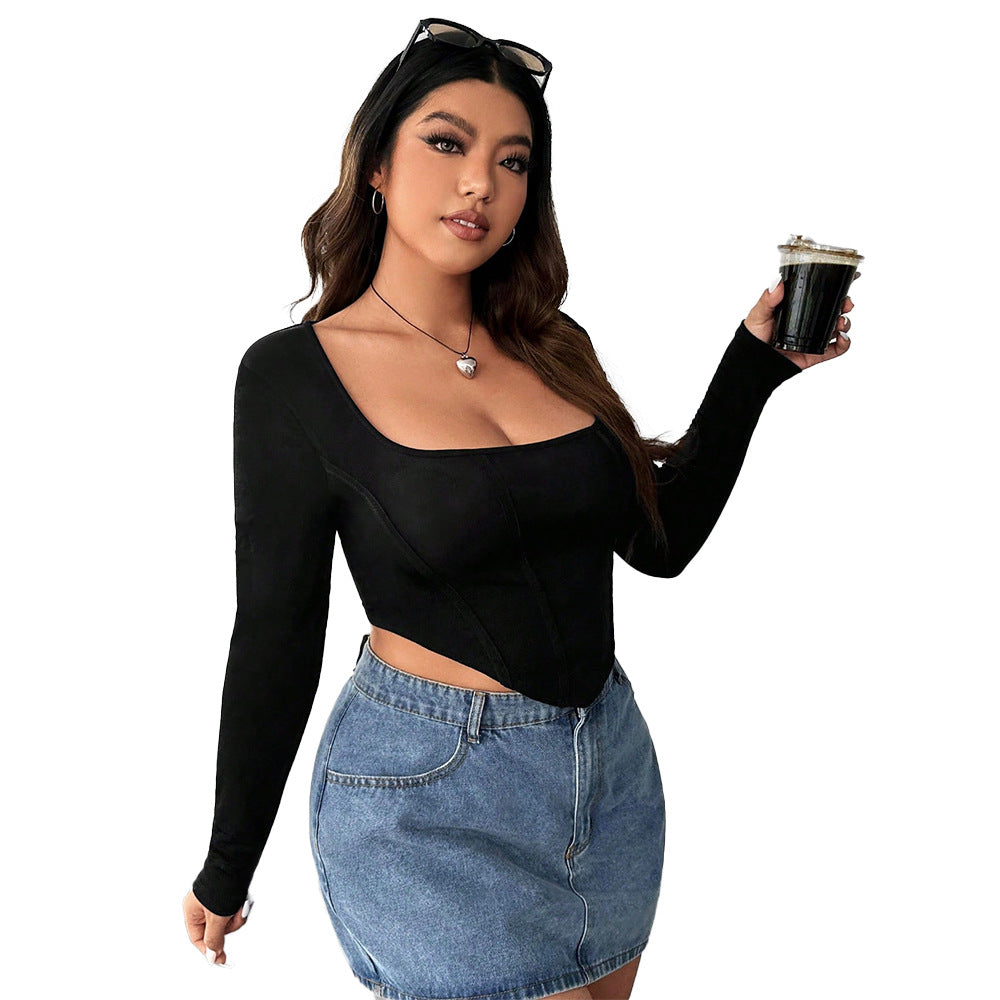 Plus Size Square Collar Fishbone Solid Bottoming Shirt