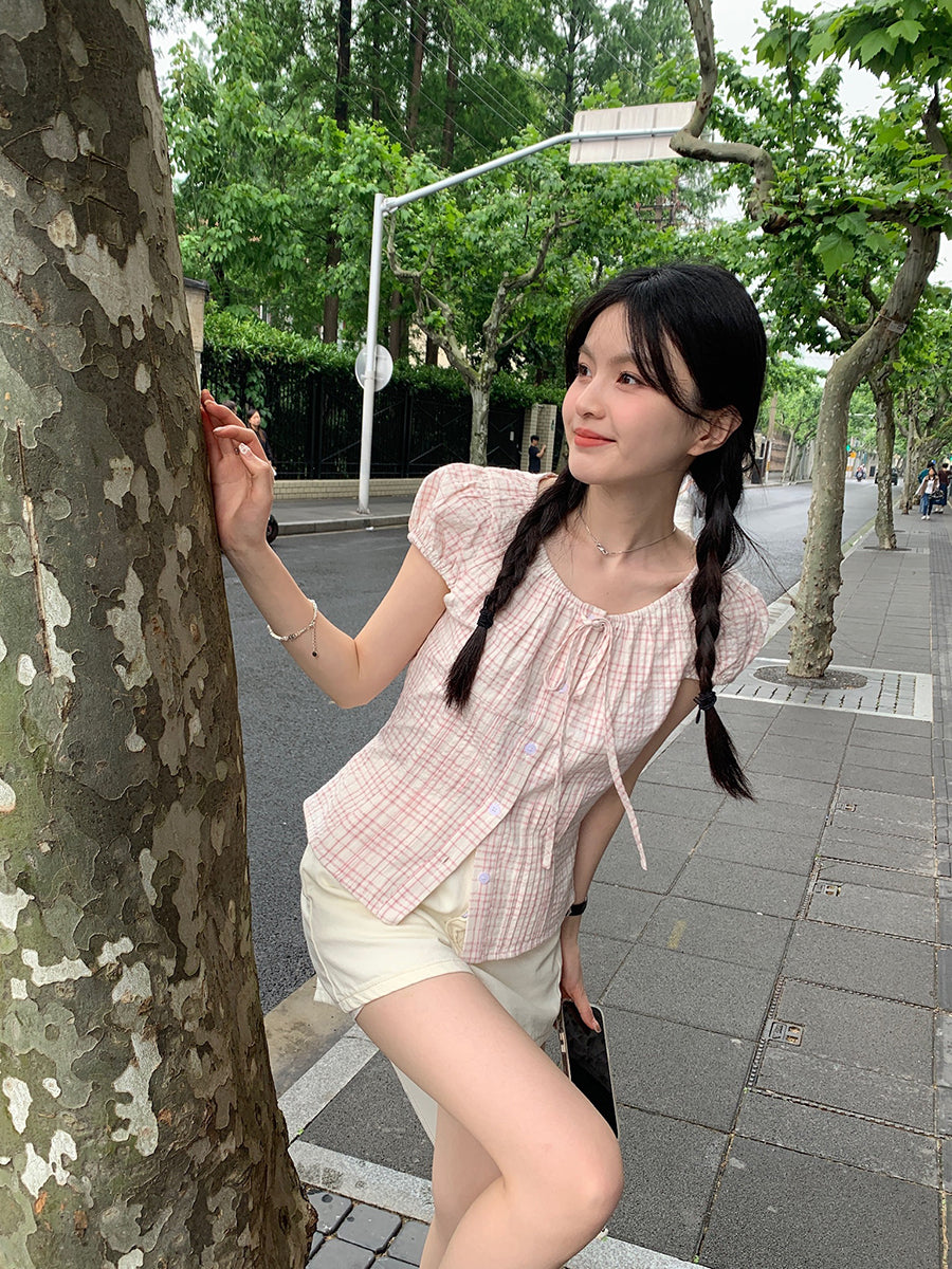 Lace-up Bow Puff Sleeve Retro Plaid Shirt