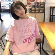 Cute Angel Print Short-Sleeve Top – Loose-Fit, Sweet & Fresh