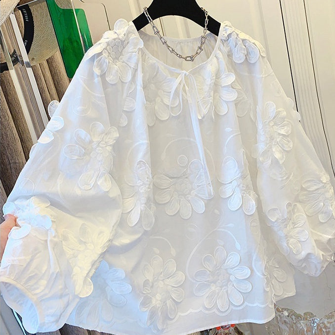 Elegant Retro Lace-Up Long Sleeve Top for Women – Loose Fit