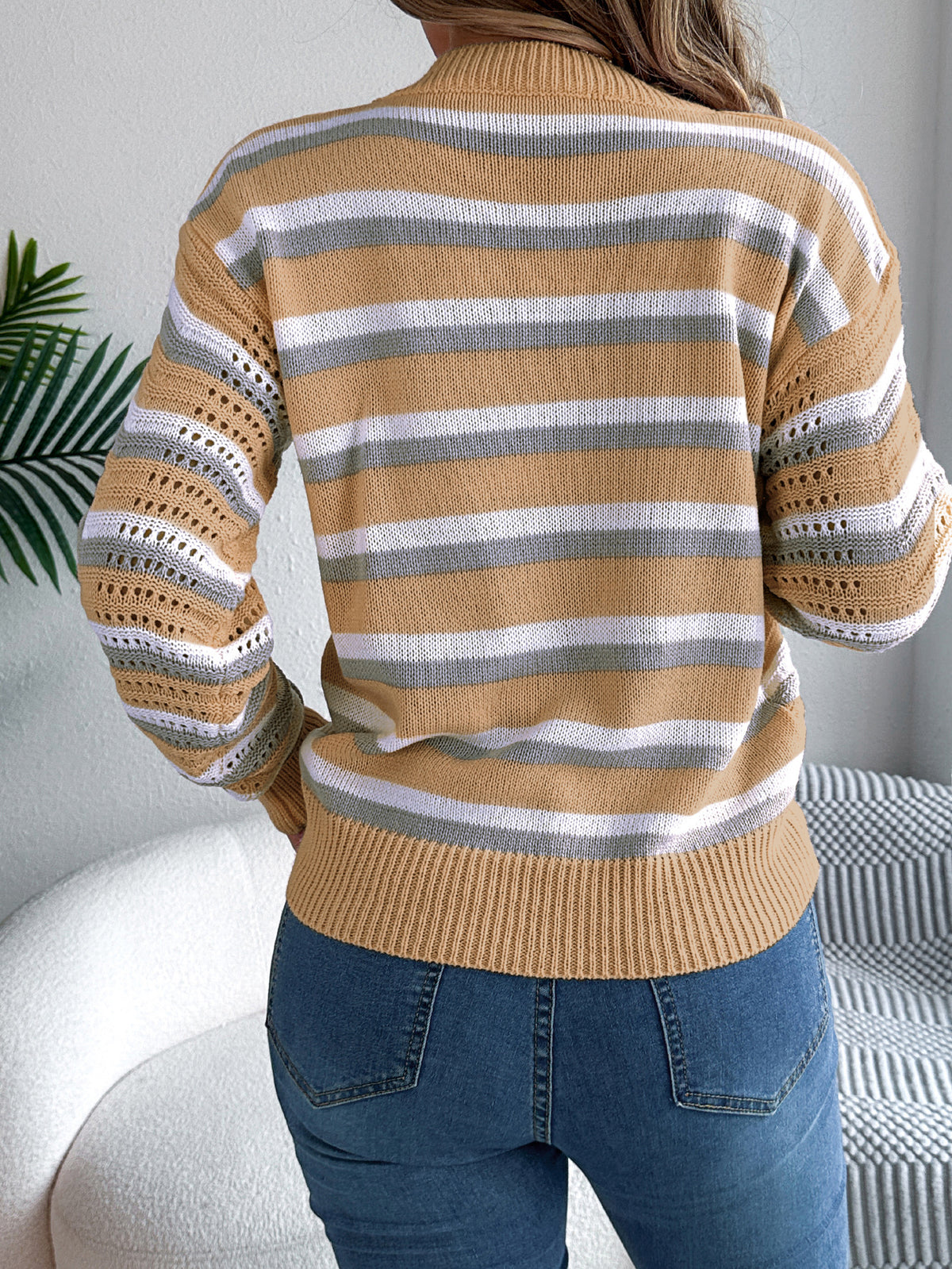 Women Casual Hollow Out Color Block Stripe Lantern Sleeve Pullover Sweater