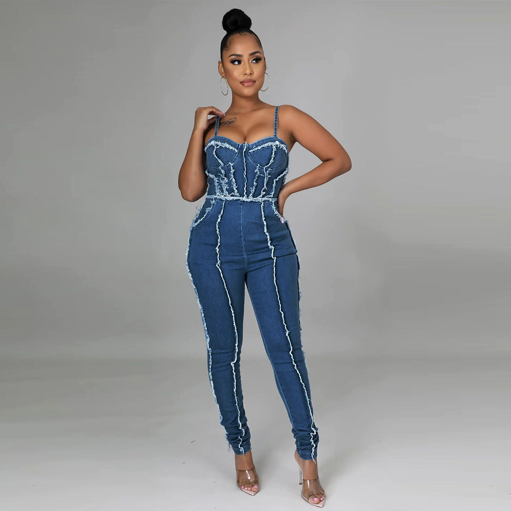 Sexy Bandeau Denim Bodycon Jumpsuit