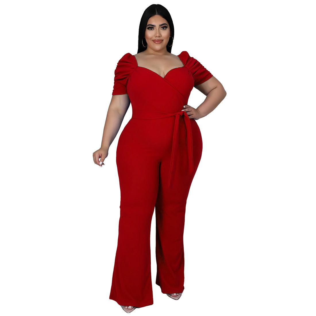 Women's Plus-Size Ruffle Sleeve High-Waist Wide-Leg Jumpsuit
