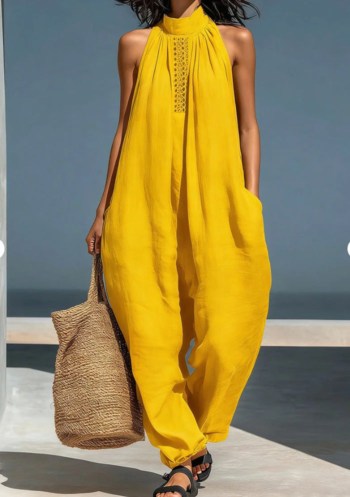 Women's Casual Sleeveless Stand-Collar Loose Jumpsuit