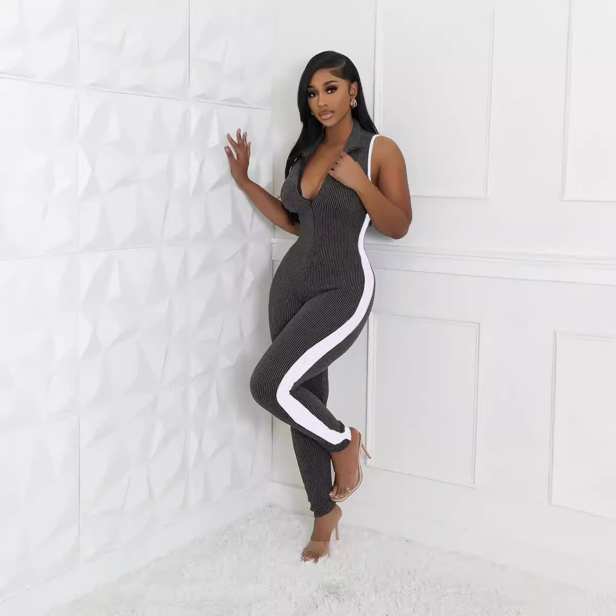 Fashion Zipper Stripe Stitching Jumpsuit