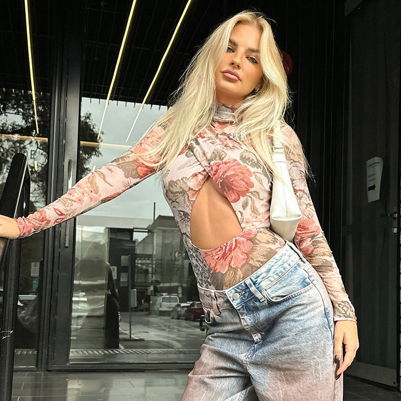 Printed Long Sleeve Round Neck Slim Fit Jumpsuit European And American Style