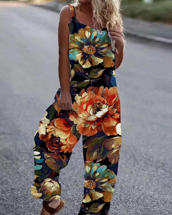 Printed Casual Beach Jumpsuit with Suspenders