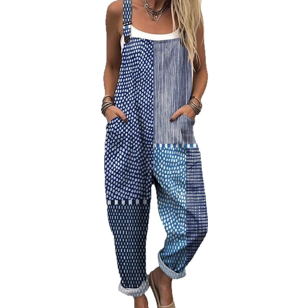 Women's Retro Printed Sleeveless Loose Jumpsuit