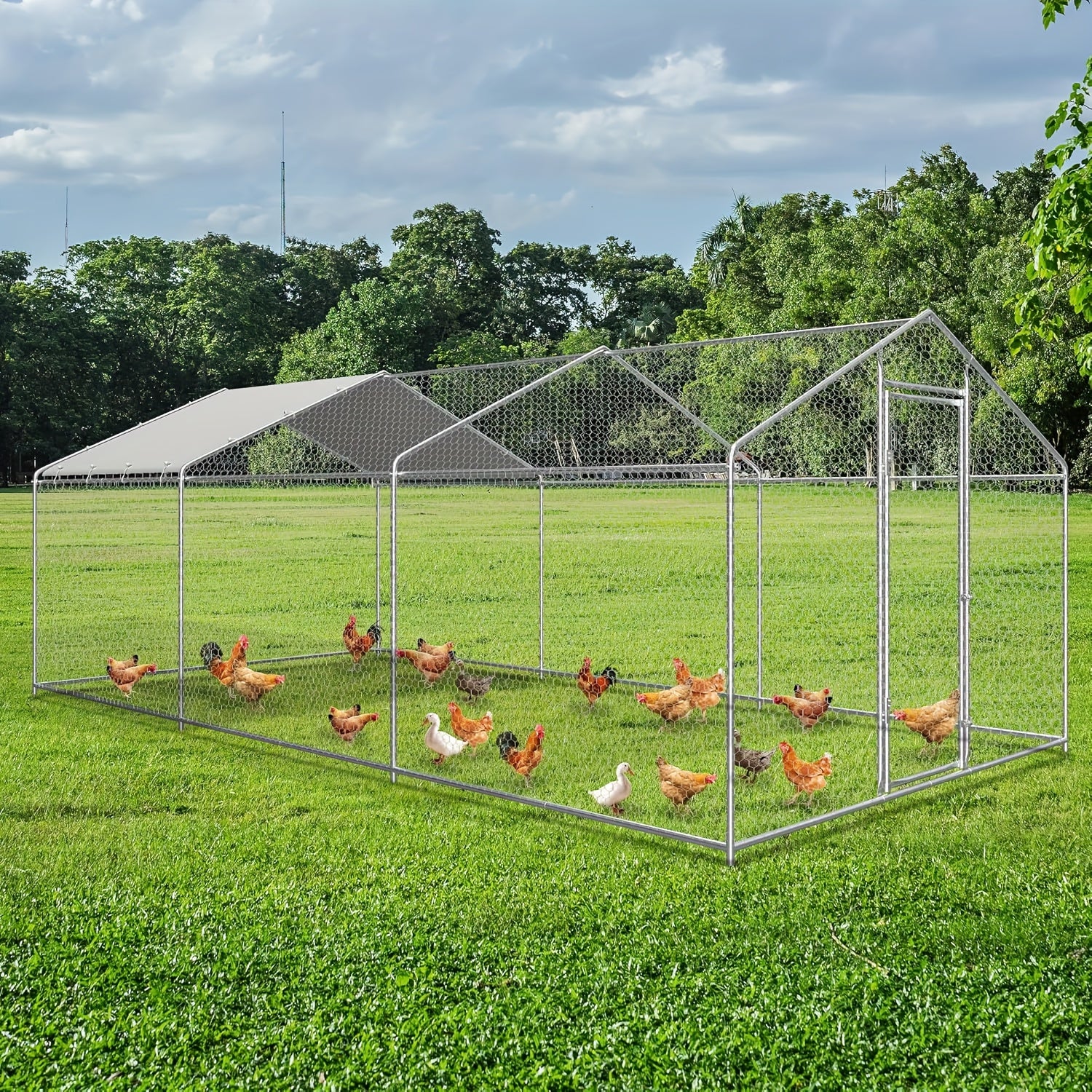 Large Metal Chicken Coop Run with Waterproof Cover and Security Lock