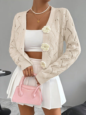 Elegant Solid-color Hollow-out Knit Cardigan for Europe and America