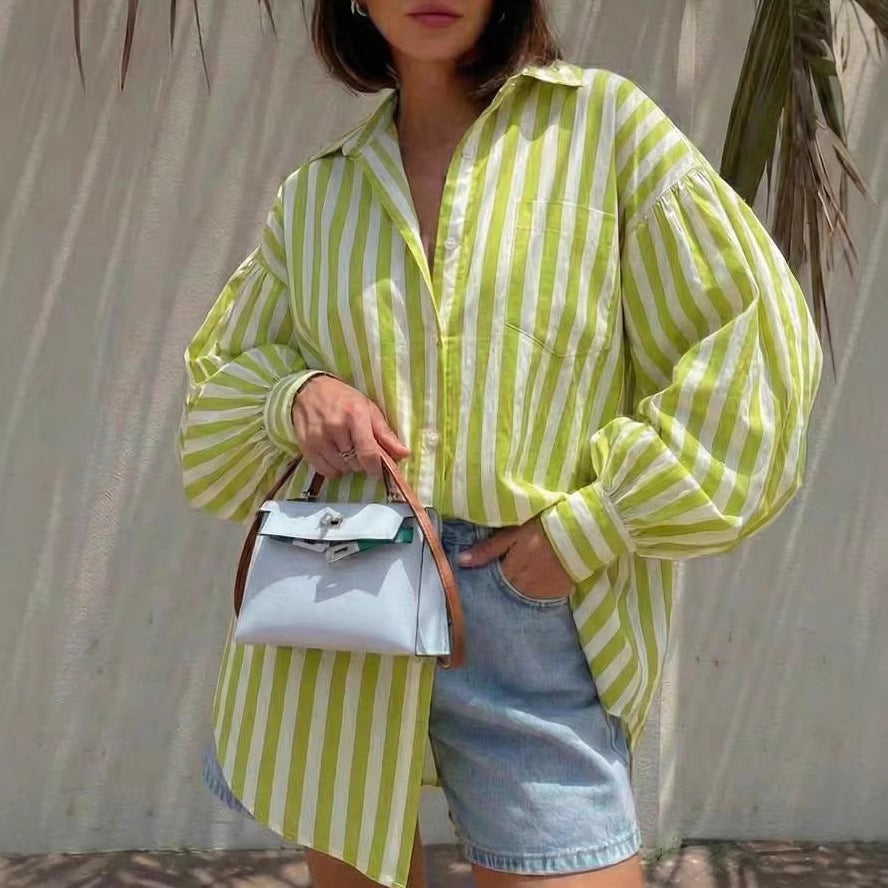Striped Shirt, Loose-fitting Top For Women