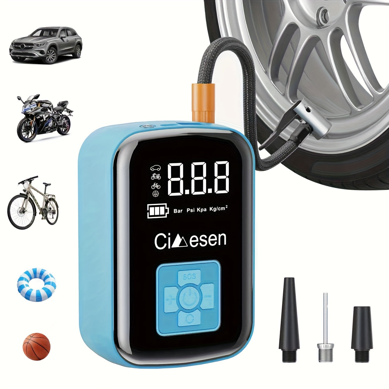 Portable Cordless Tire Inflator with Digital Display and Multi-Nozzle Adapter