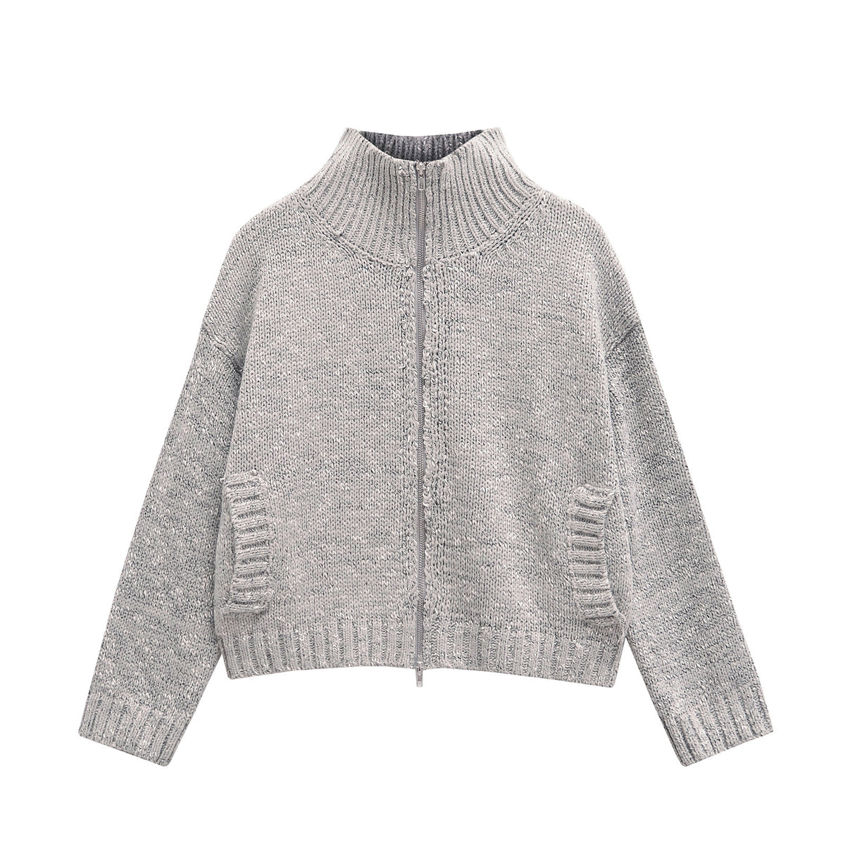 Spring Zipped Stand Collar Short Long Sleeve Knitted Coat