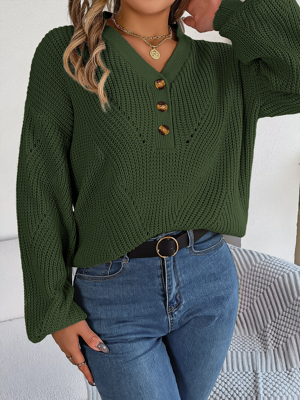 Women Hollow Out V-neck Button Lantern Sleeve Pullover Sweater