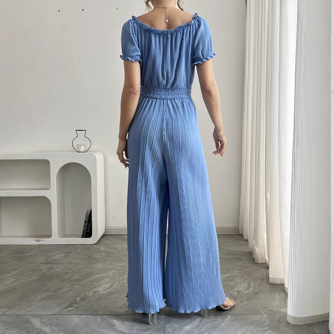 Chiffon Square-neck Pleated Lace-up Ruffled One-piece Pants