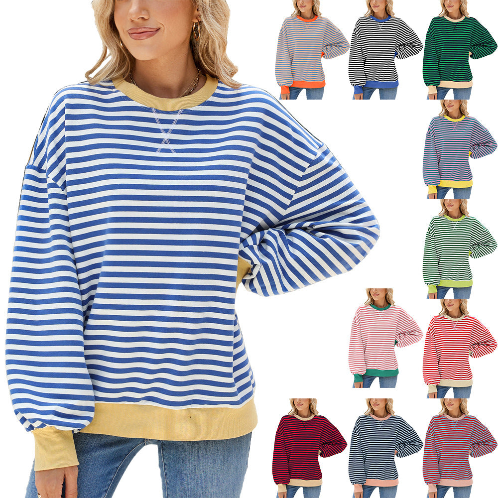 Women's Striped Round Neck Loose Long Sleeve Sweatshirt