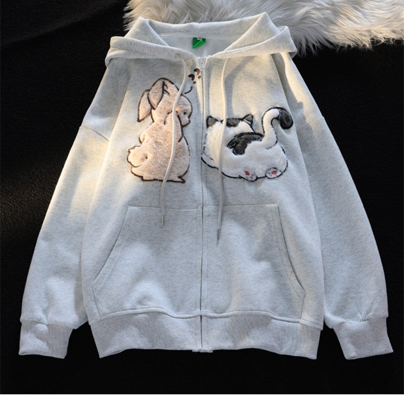 Cute Cartoon Thickened Hooded Cardigan Sweater for Women