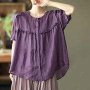 Retro Chic Top with Ruffles - Loose Fit, Sweet Style
