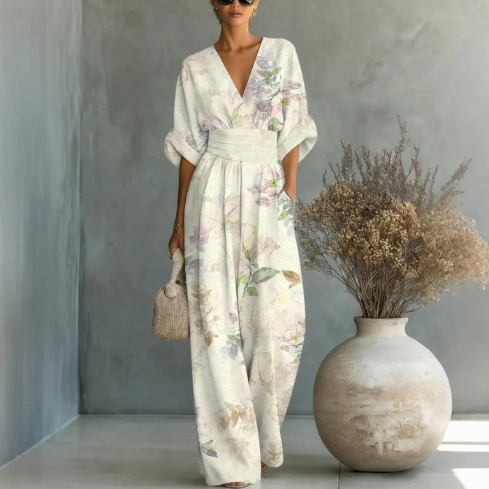 Printed V-Neck Waist-Cinched Wide-Leg Jumpsuit