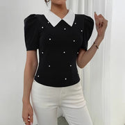 Slim-Fit Color-Block Puff Sleeve Top – Chic Short-Sleeve Dress Shirt