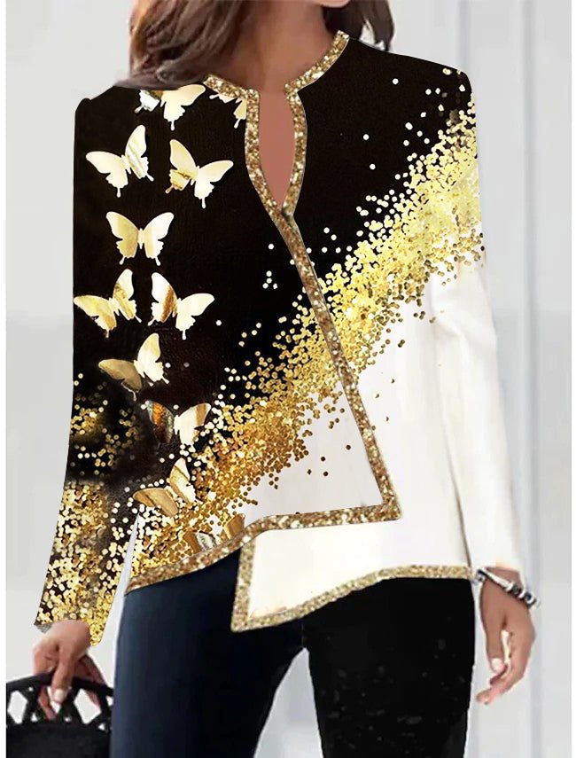 Floral Print V-Neck Asymmetric Long Sleeve Women's Top