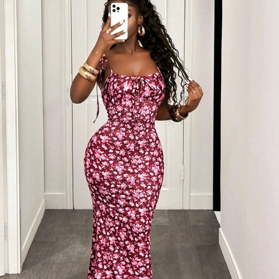 Retro Floral Lace-up Strap Mermaid Dress, Waist-cinching and Slimming
