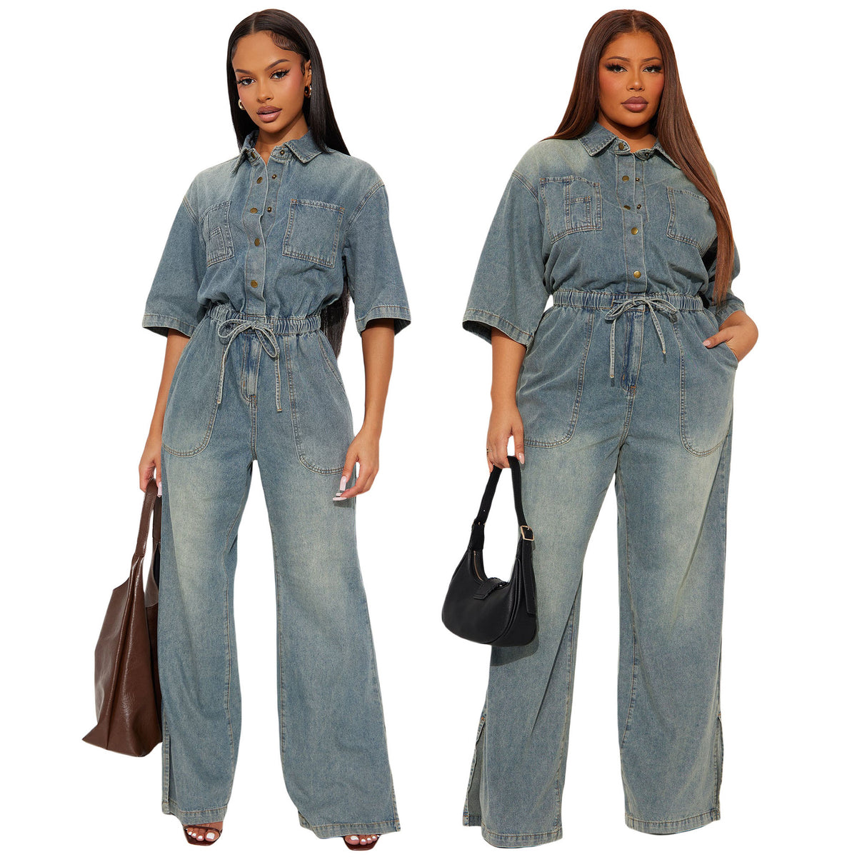 Slim-fit Stretch Washed Denim Jumpsuit