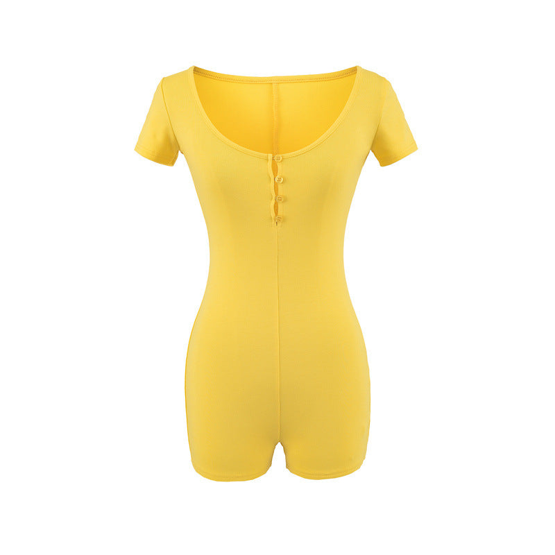 Women's Button-Front Short Sleeve Casual Jumpsuit