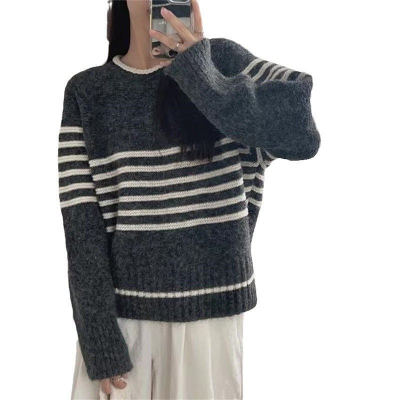 Autumn and Winter Korean Retro Contrast Color Stripes Idle Style Crew Neck Pullover Sweater