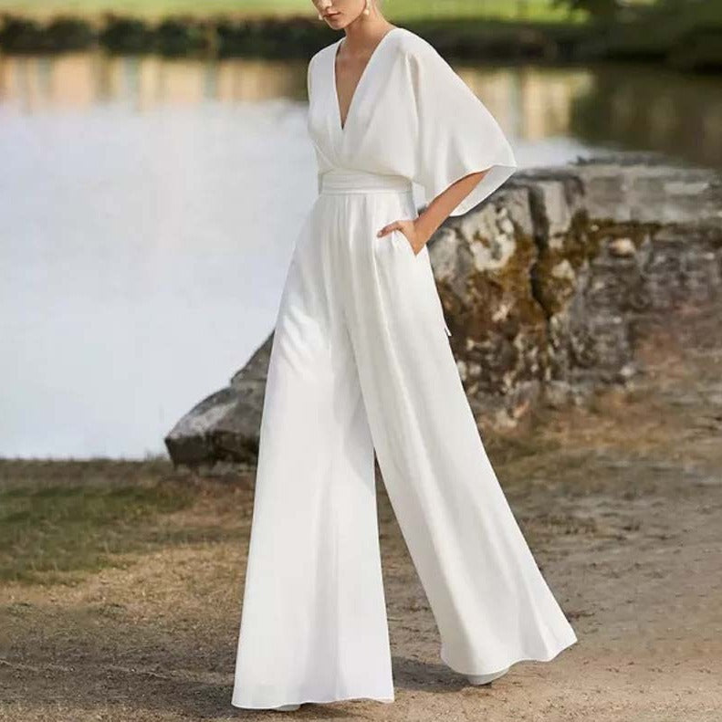 Elegant Solid Wide-Leg Chinese Style Jumpsuit