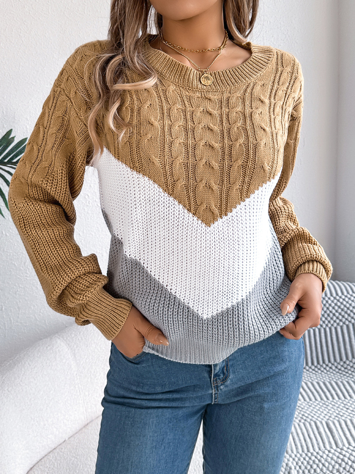 Women Casual Color Block Cable Knit Lantern Sleeve Pullover Sweater