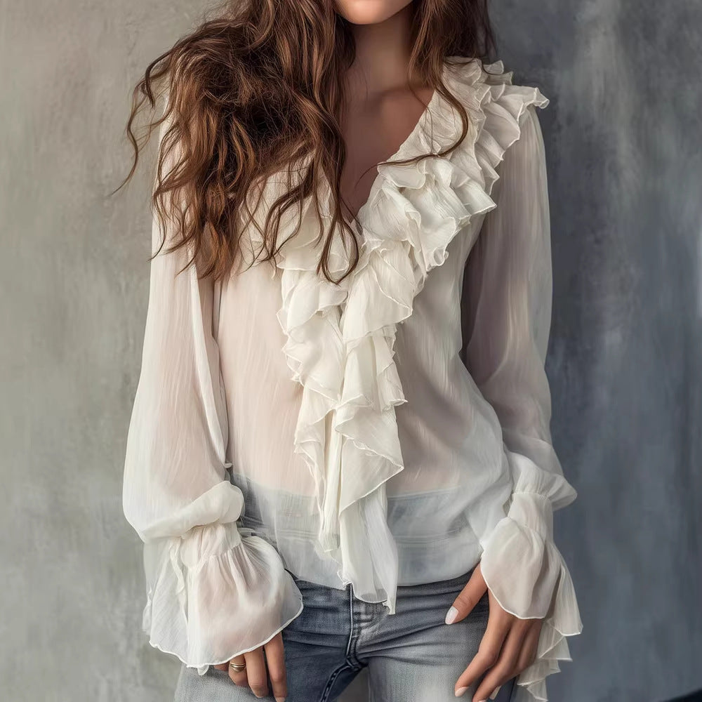 Elegant Lace-Up Ruffle Sleeve Top – Slim Fit Long Sleeve