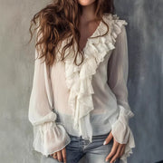 Elegant Lace-Up Ruffle Sleeve Top – Slim Fit Long Sleeve