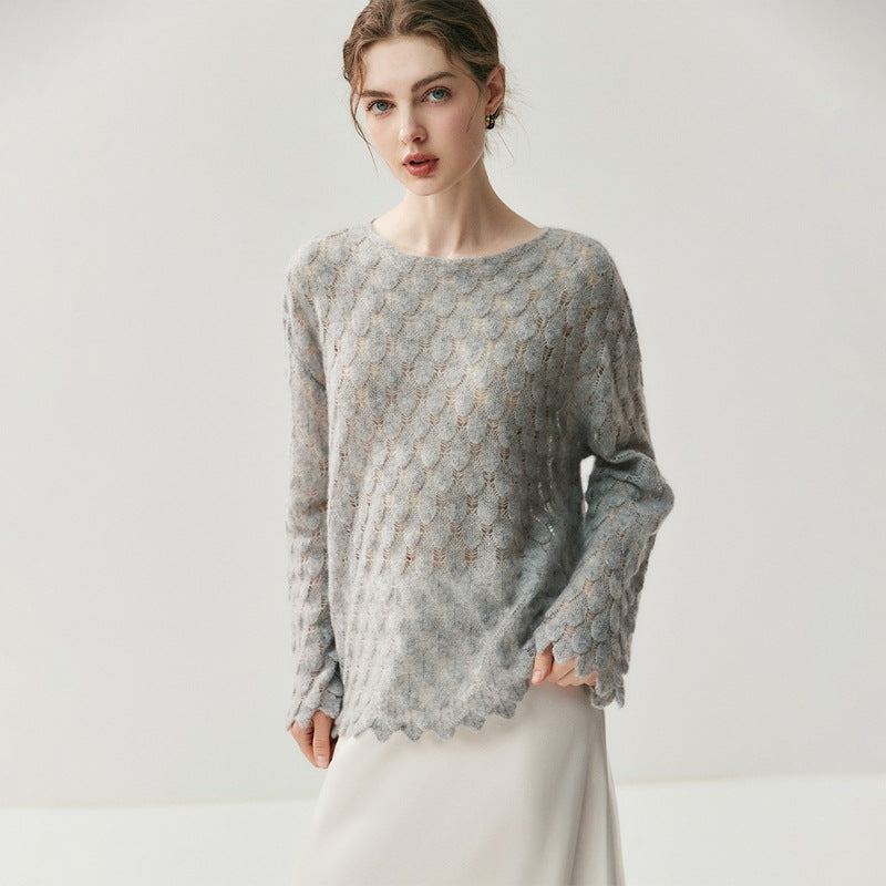 Cashmere Knit Sweater Womens Top with Hollow-out Feather Design