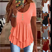 Three-Button Casual Short Sleeve Shirt – Solid Color Women's Top