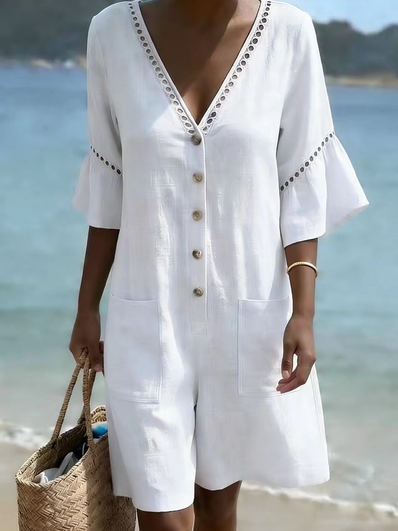 Lace-Trimmed V-Neck Casual Jumpsuit
