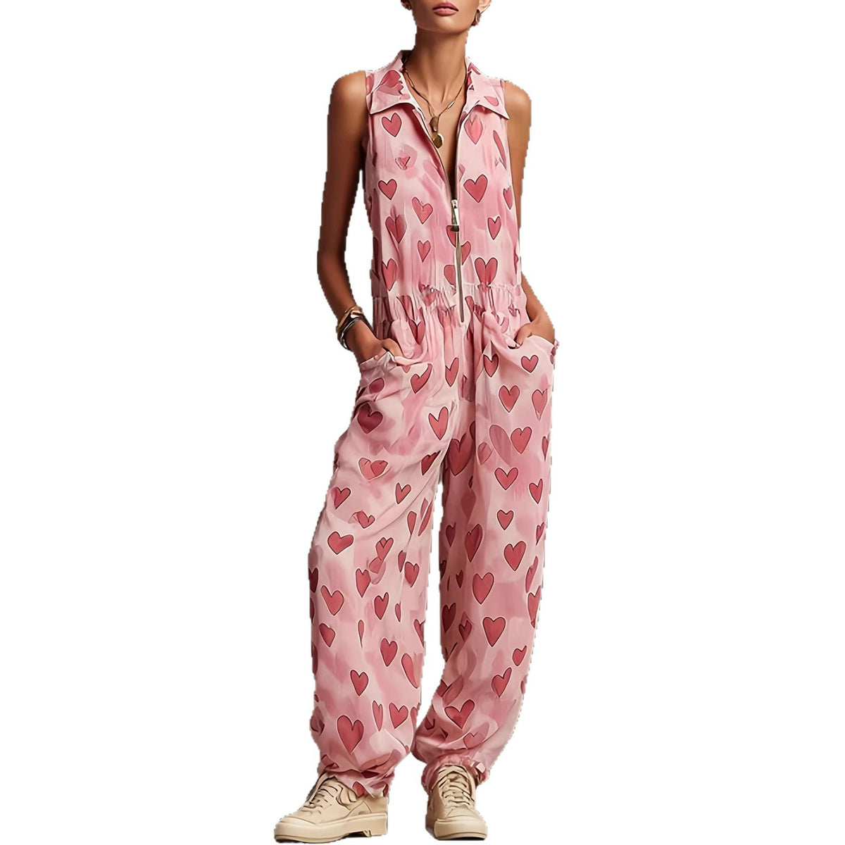 Women's Love Print Casual Sleeveless Jumpsuit