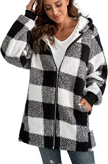 Plush Plaid Hooded Long Coat for Women