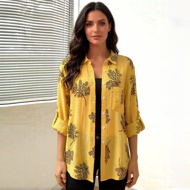 Printed Loose-Fit Womens Long-Sleeve Shirt Cuffed Sleeves Casual Style
