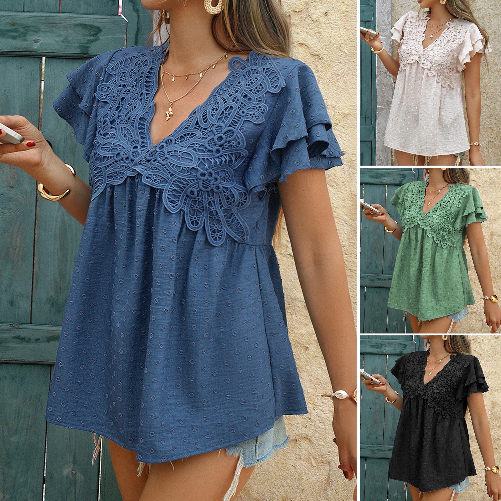 Loose-Fit V-Neck Short Sleeve Shirt – Denim Blue & More