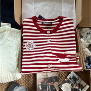 Korean-style Red Striped Knit Cardigan for Women in Autumn