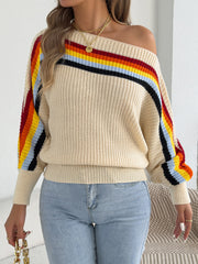 Rainbow Striped Offshoulder Sweater with a Boat Neckline