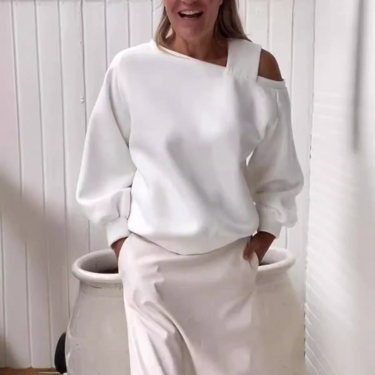 Cozy Off-Shoulder Fleece-Lined Sweatshirt