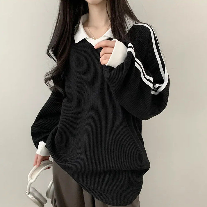 Vintage Waffle Knit Polo Sweater for Women