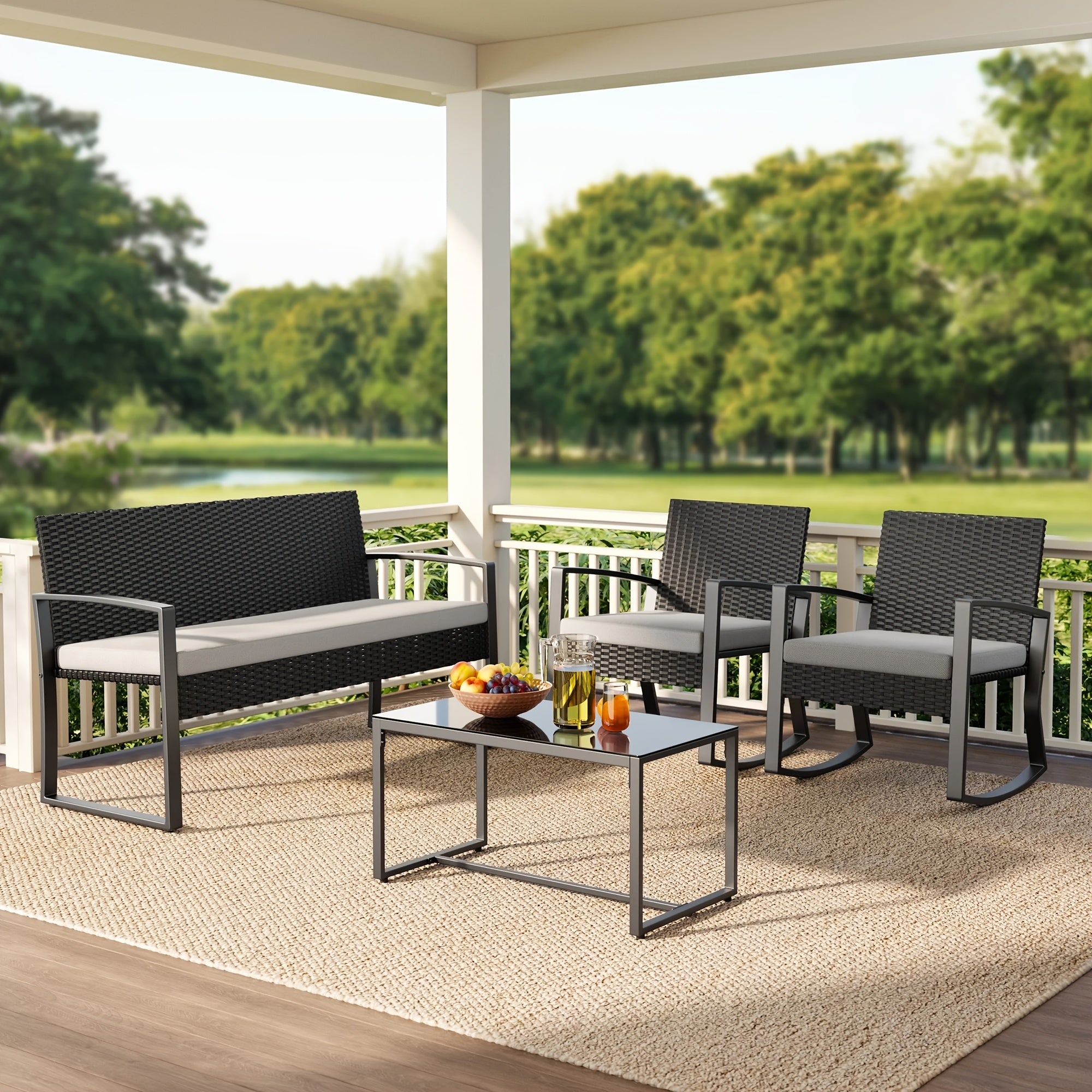 [Outdoor Sectional Sets] Patio Furniture Set, 4pcs Outdoor Sectional Conversation Sets, Rattan Patio Chairs And Table For Backyard, Balcony, Porch