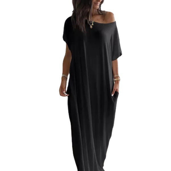New Womens Solid-color Short-sleeve Long Casual Dress