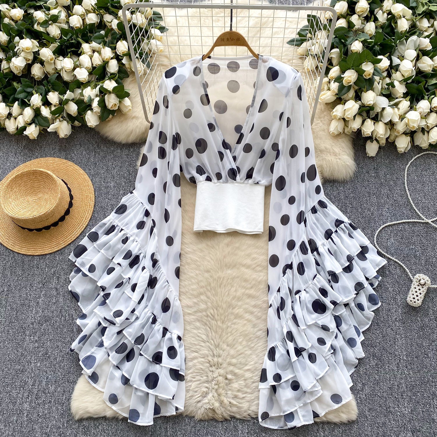 Womens Sheer Cross V-Neck Waist-Cinched Flare-Sleeve Polka-Dot Top