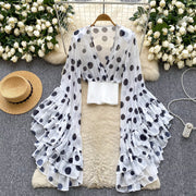 Womens Sheer Cross V-Neck Waist-Cinched Flare-Sleeve Polka-Dot Top